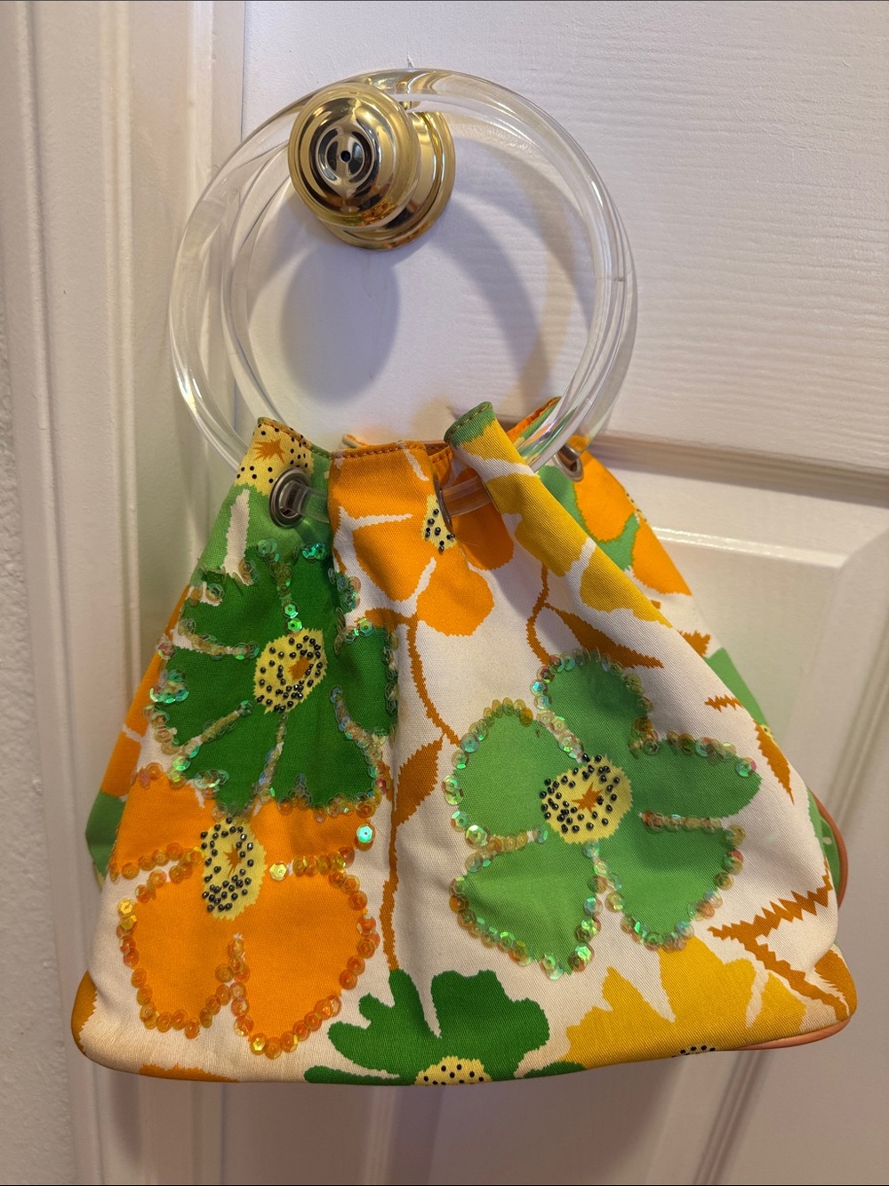 Bright Floral Sequin Accent Handbag - Green, Yellow & Orange